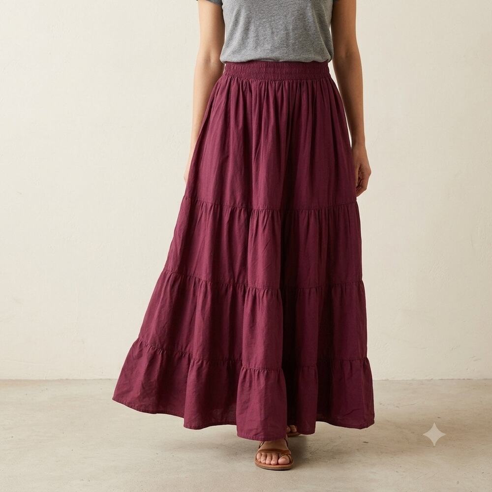 Beauty Batik Maxi Skirt Burgundy Small Tiered Cotton Smocked Elastic Waist